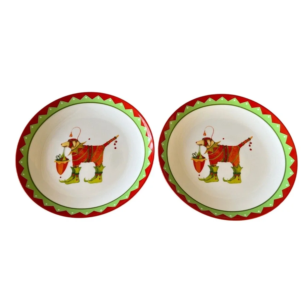 (2) Dept 56 Patience Brewster Krinkles Christmas Dog in Elf Boots Dessert Plates